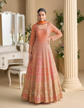 Rutba Swarovski Embellished Anarkali Gown by Sayuri | Premium Georgette Pink & Orange